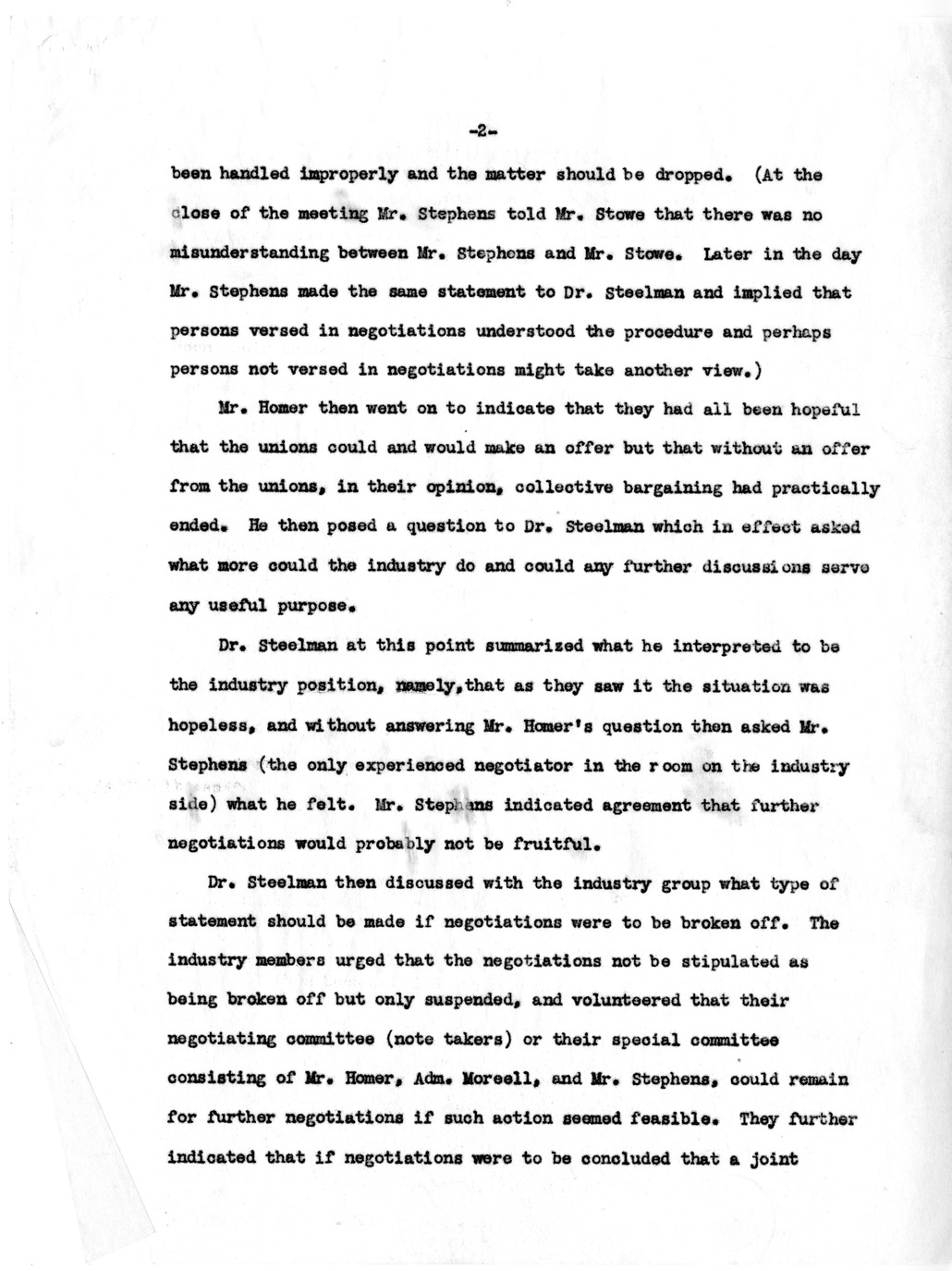 Memorandum, Notes on Last Session with Industry Group