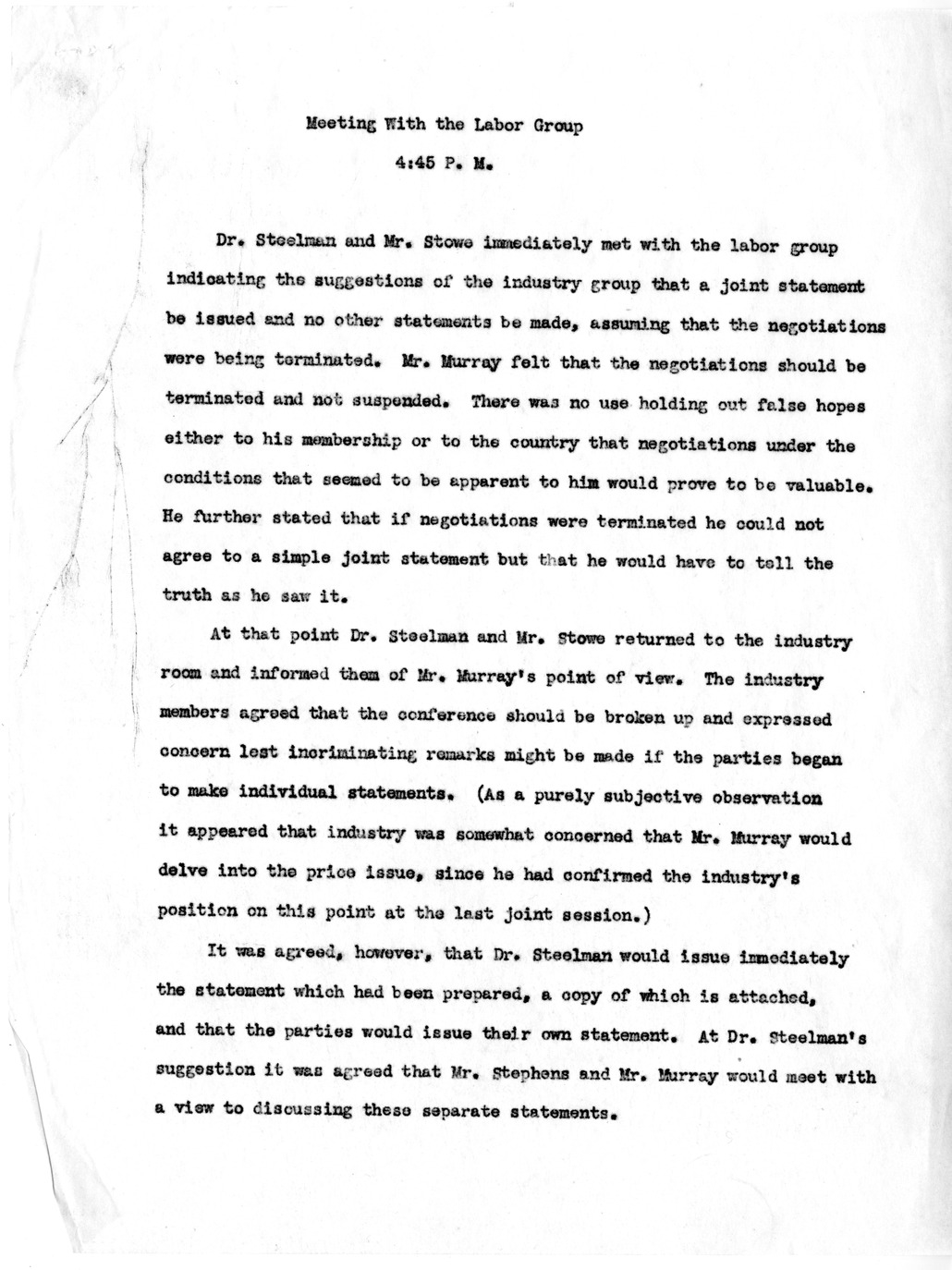 Memorandum, Notes on Meeting with the Labor Group