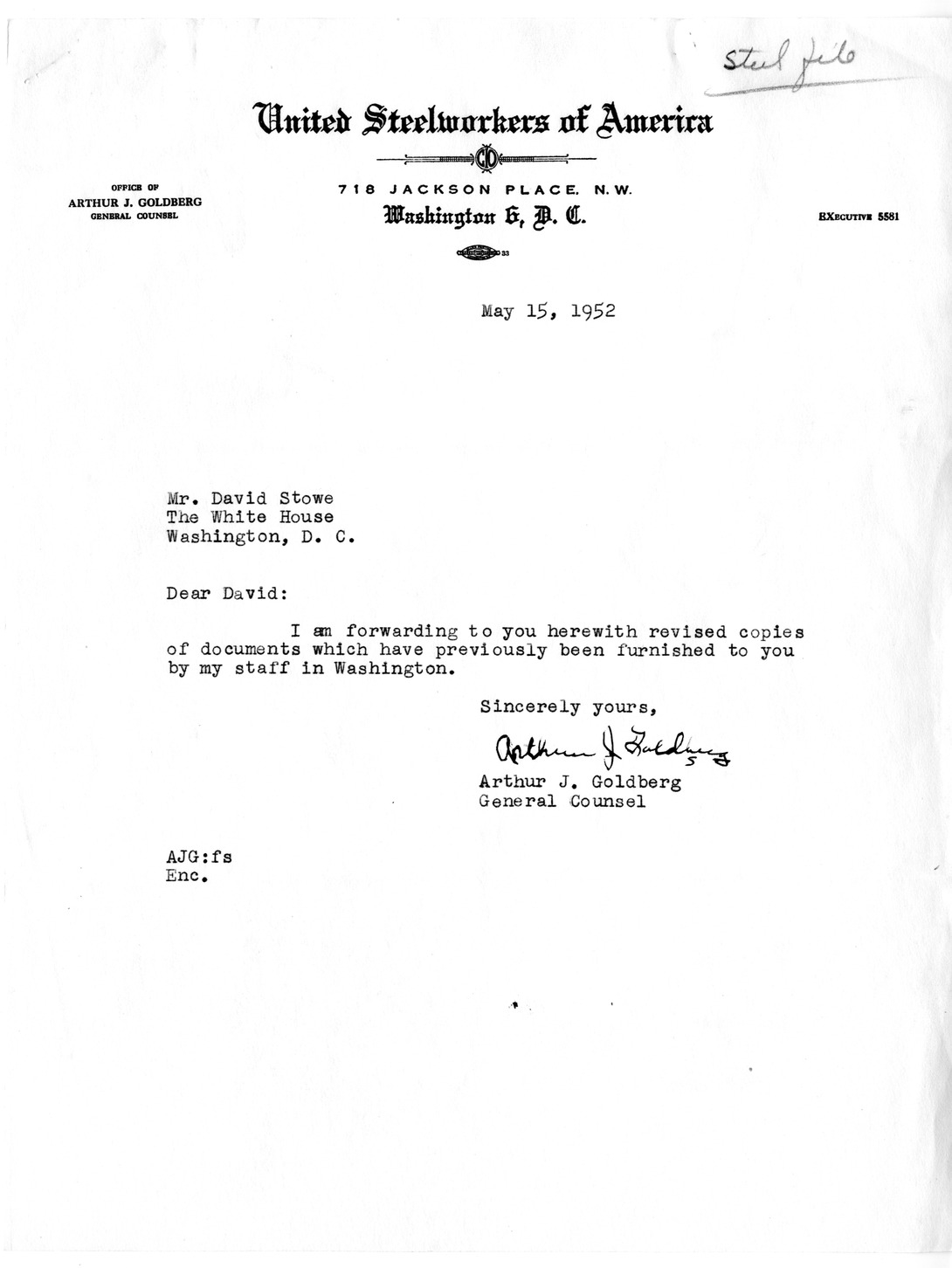 Letter from Arthur J. Goldberg to David Stowe, with Attachments