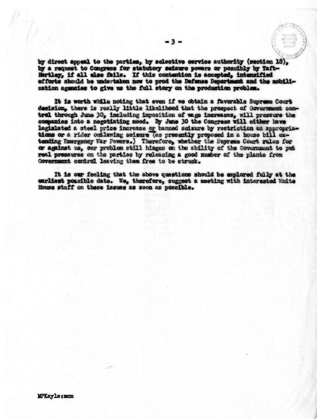 Memorandum from Harold Enarson and Milton P. Kayle to John Steelman