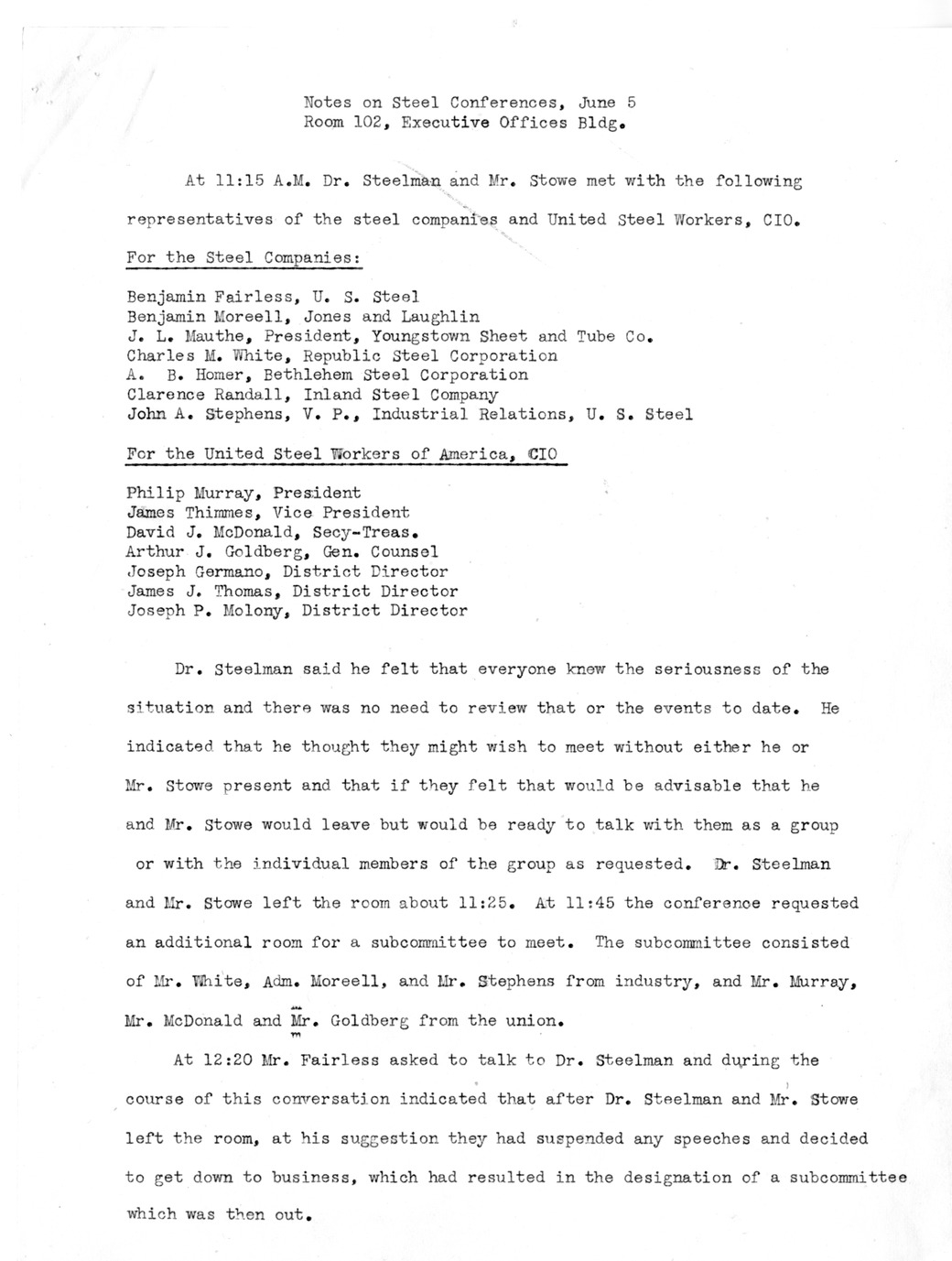 Memorandum, Notes on Steel Conferences