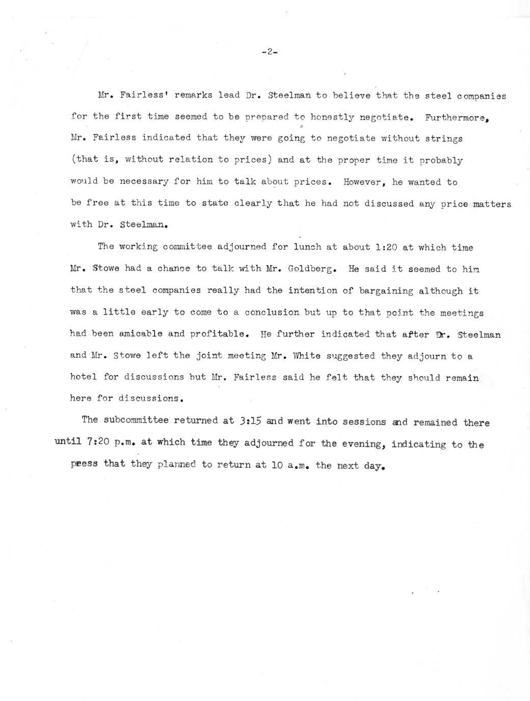 Memorandum, Notes on Steel Conferences