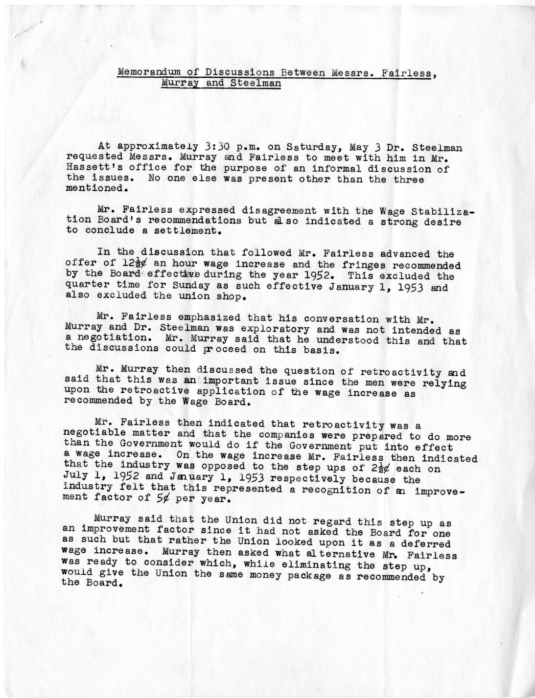 Memorandum of Discussions Between Benjamin Fairless, Philip Murray, and John SteelSteelman