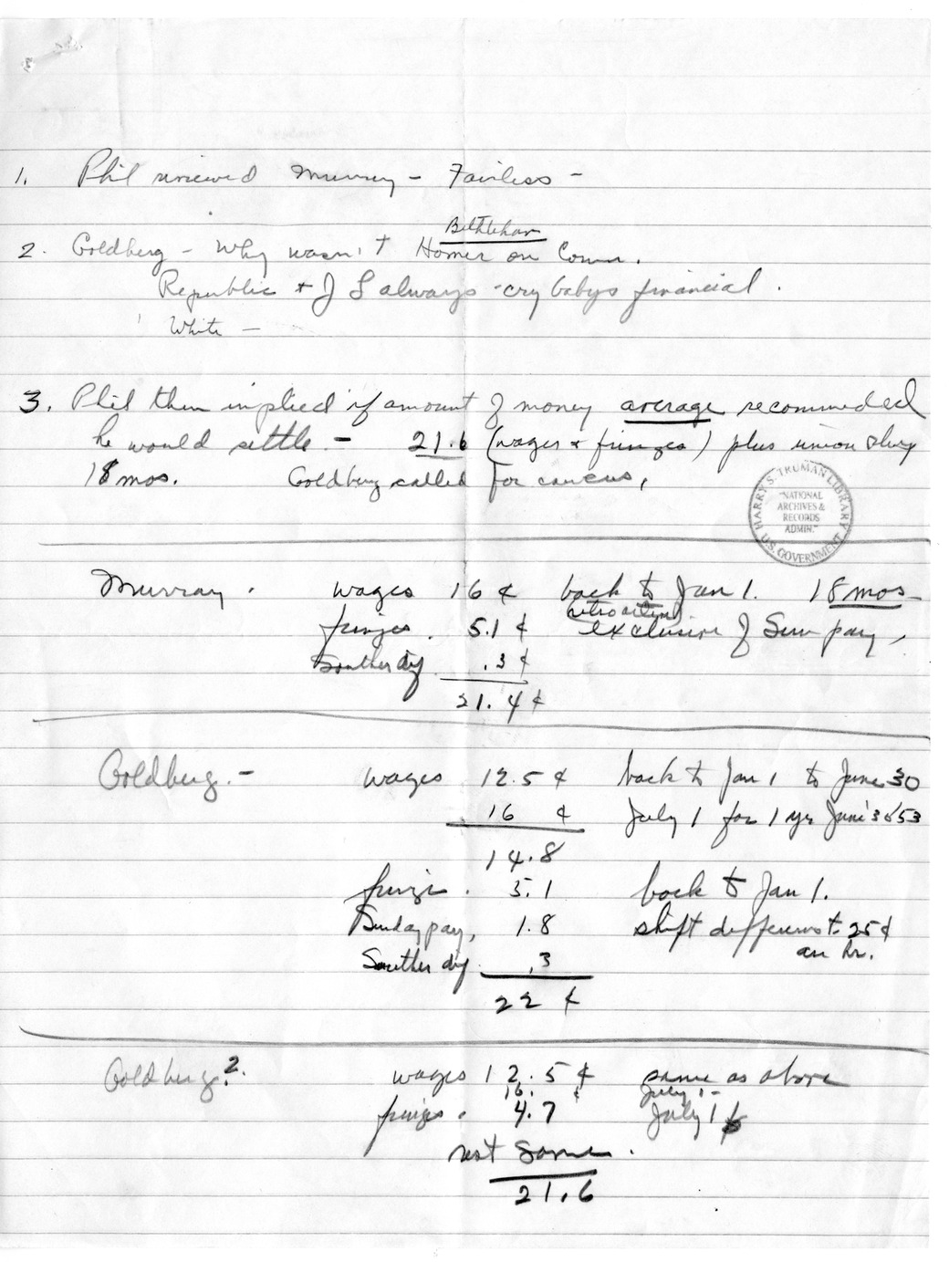 Notes on Meeting Between Philp Murray, Benjamin Fairless, and Arthur Goldberg