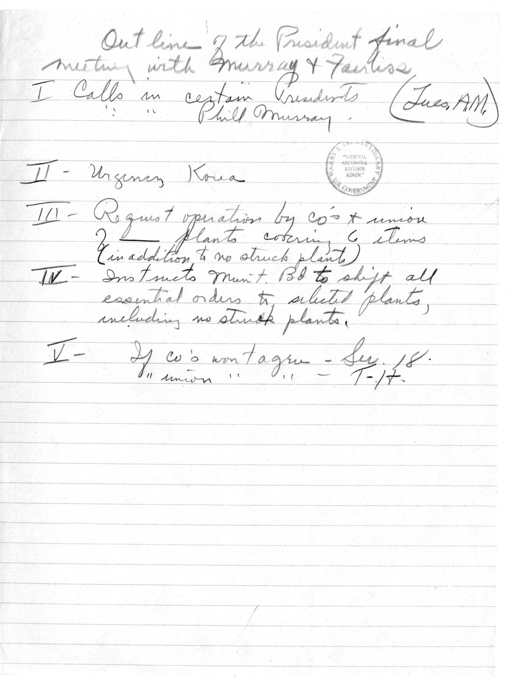 Outline of the President's Final Meeting with Murray and Fairless