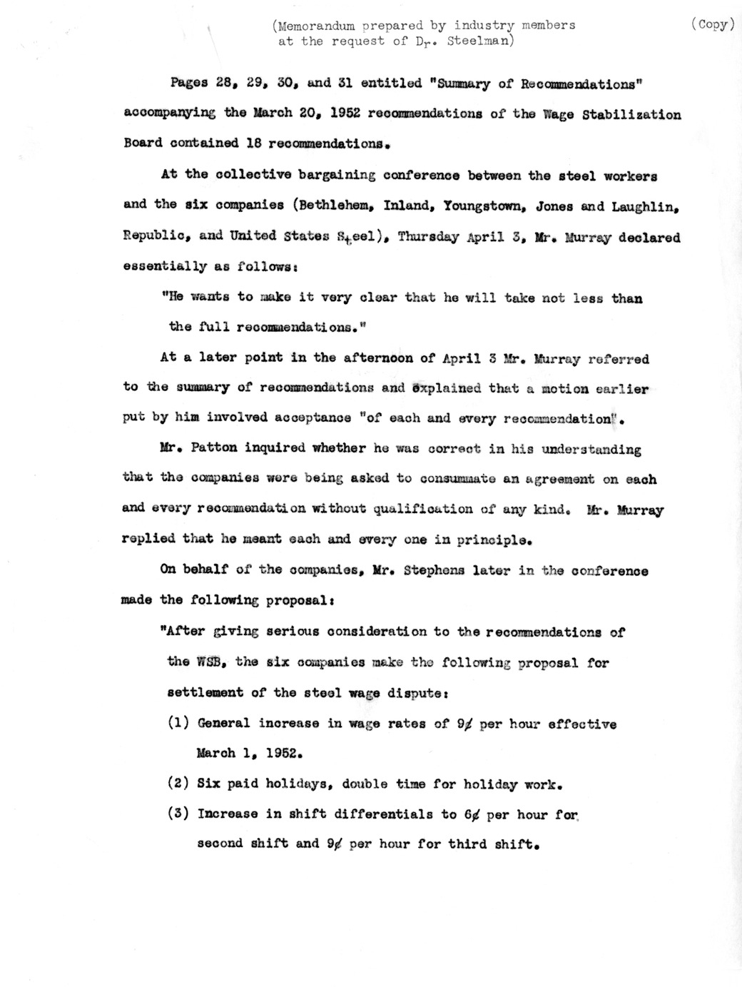 Memorandum Prepared by Industry Members at the Request of Dr. John Steelman