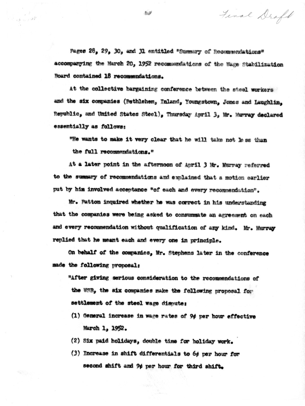 Memorandum Prepared by Industry Members at the Request of Dr. John Steelman