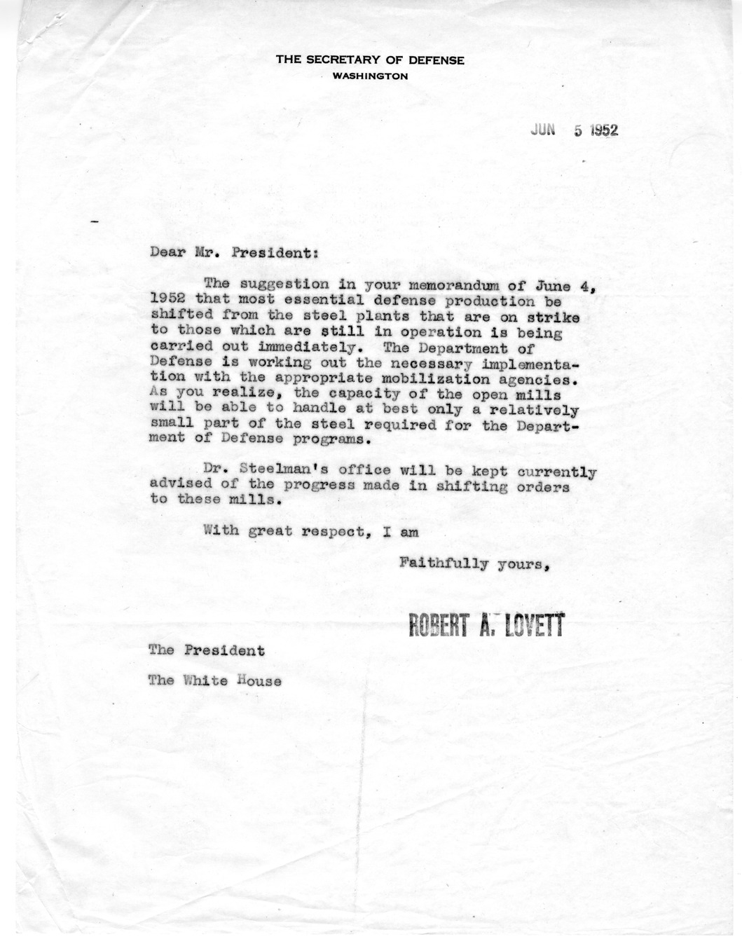 Letter from Secretary of Defense Robert A. Lovett to President Harry S. Truman