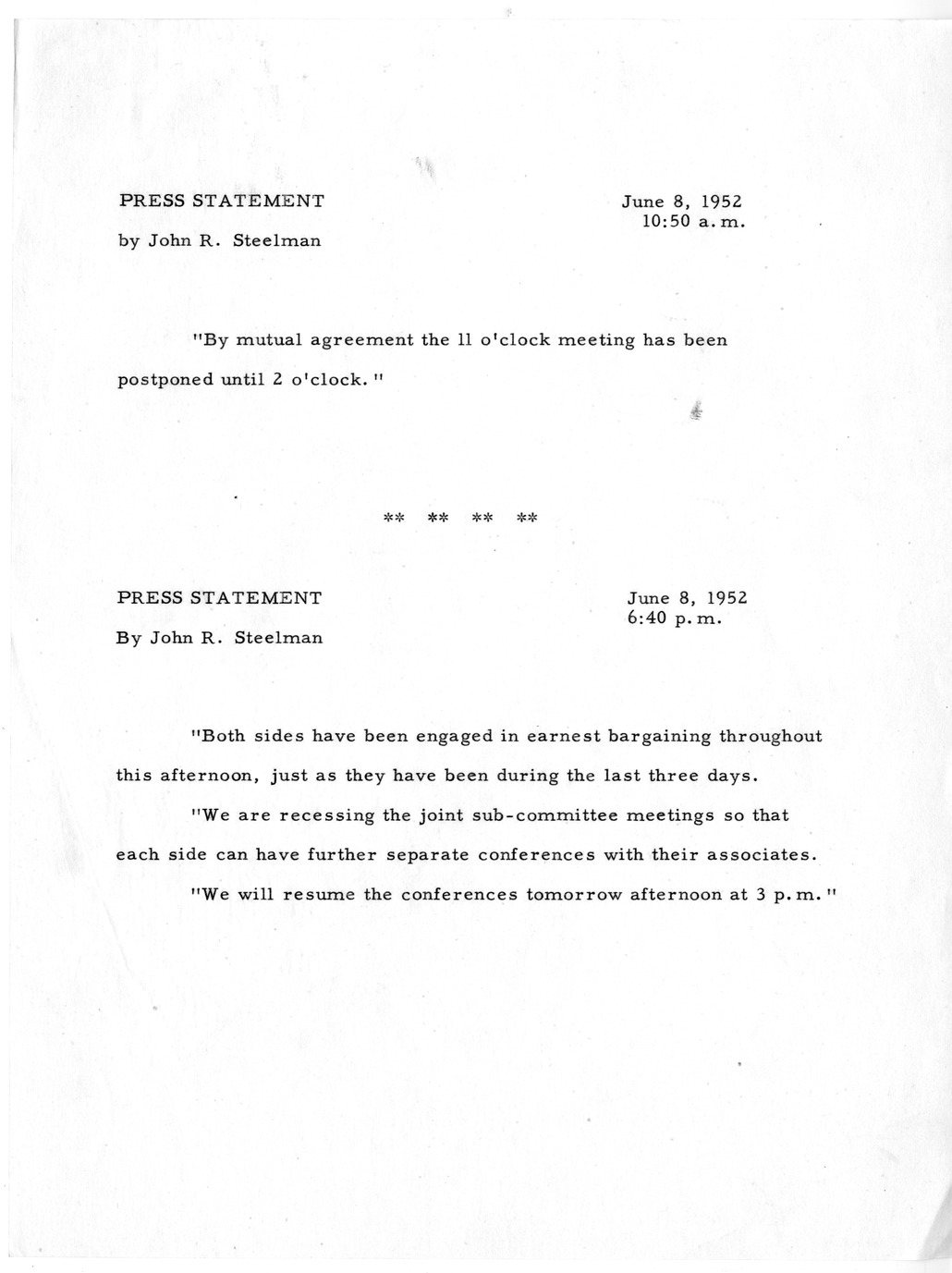 Press Statement by John R. Steelman