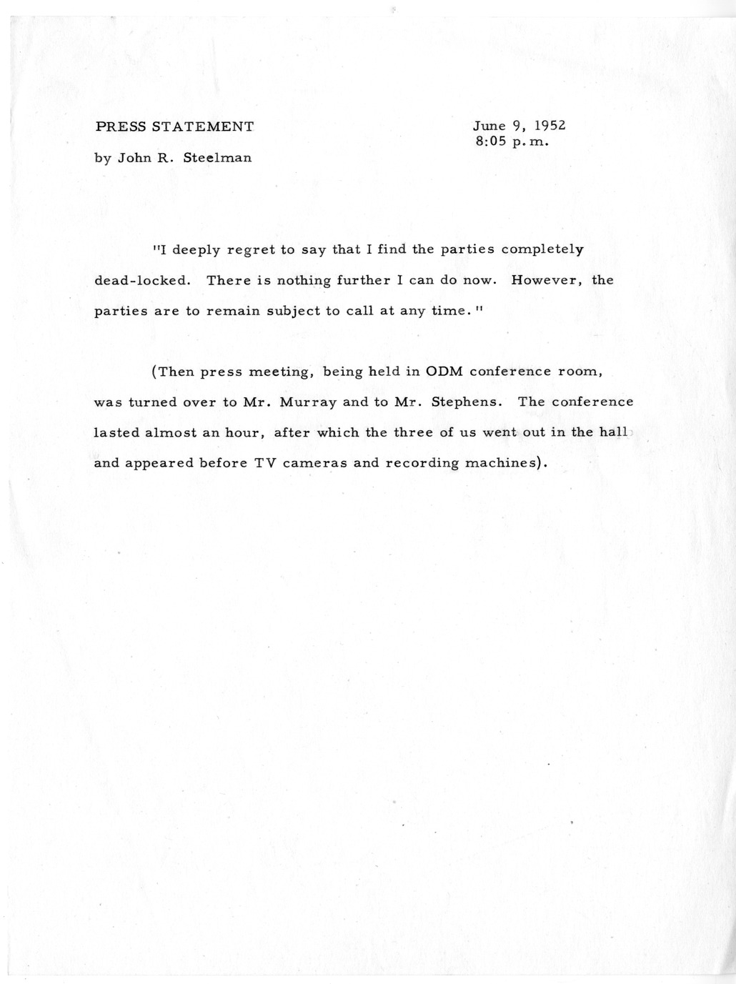 Press Statement by John R. Steelman