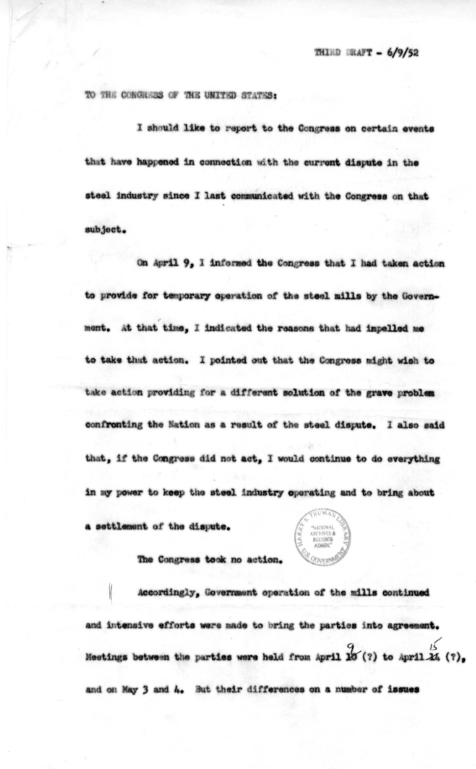 Draft of Special Message to the Congress of the United States on the Steel Strike