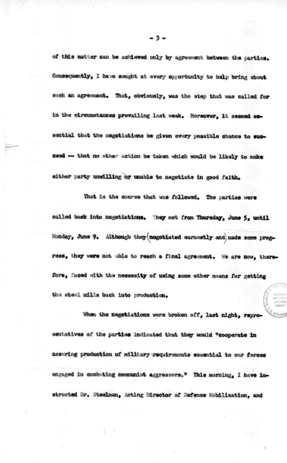 Draft of Special Message to the Congress of the United States on the Steel Strike