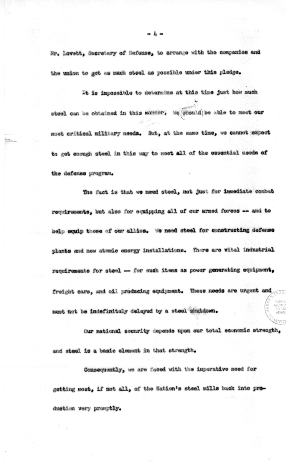 Draft of Special Message to the Congress of the United States on the Steel Strike