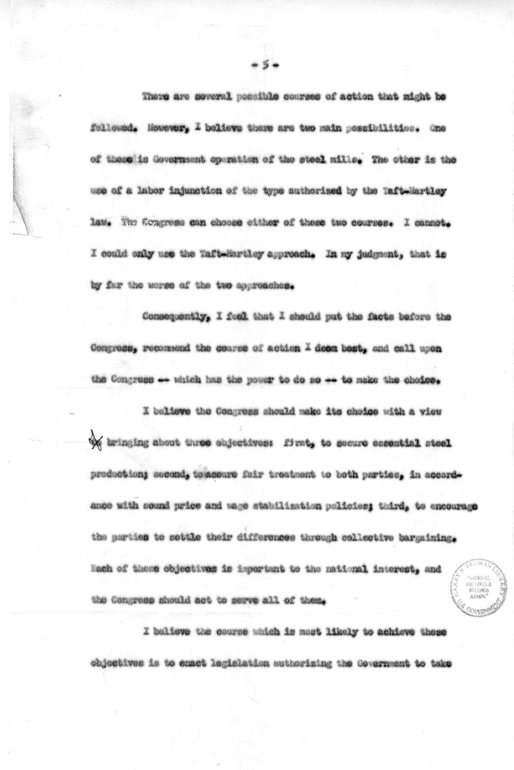 Draft of Special Message to the Congress of the United States on the Steel Strike