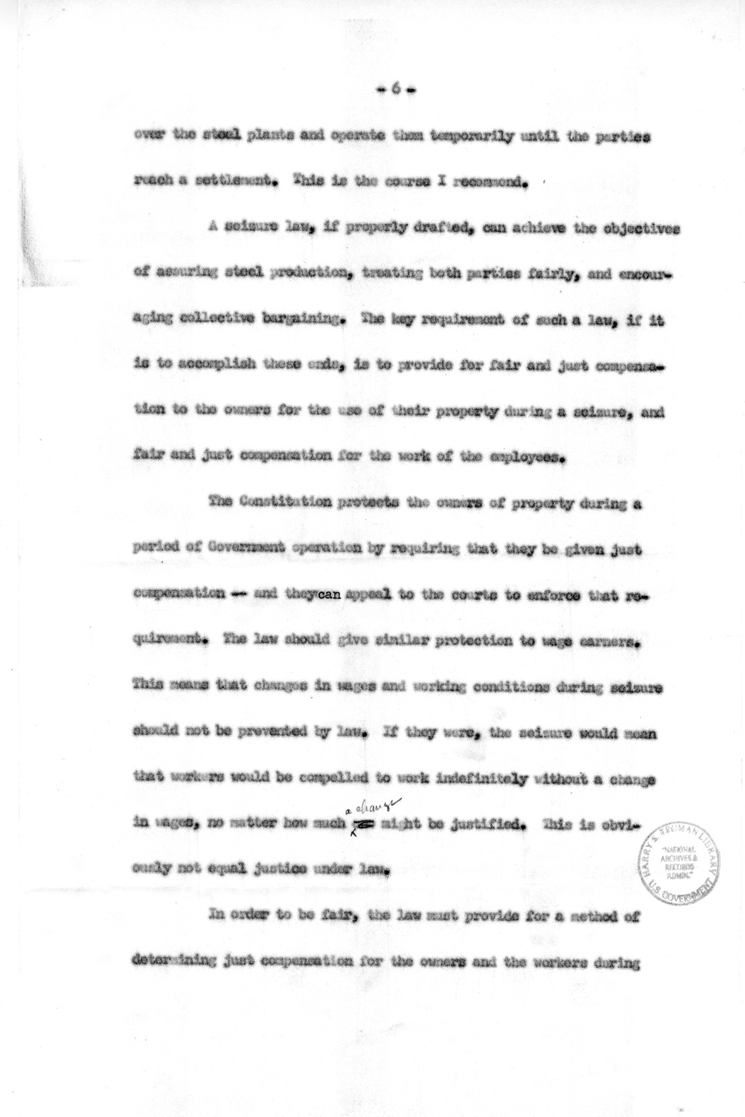 Draft of Special Message to the Congress of the United States on the Steel Strike