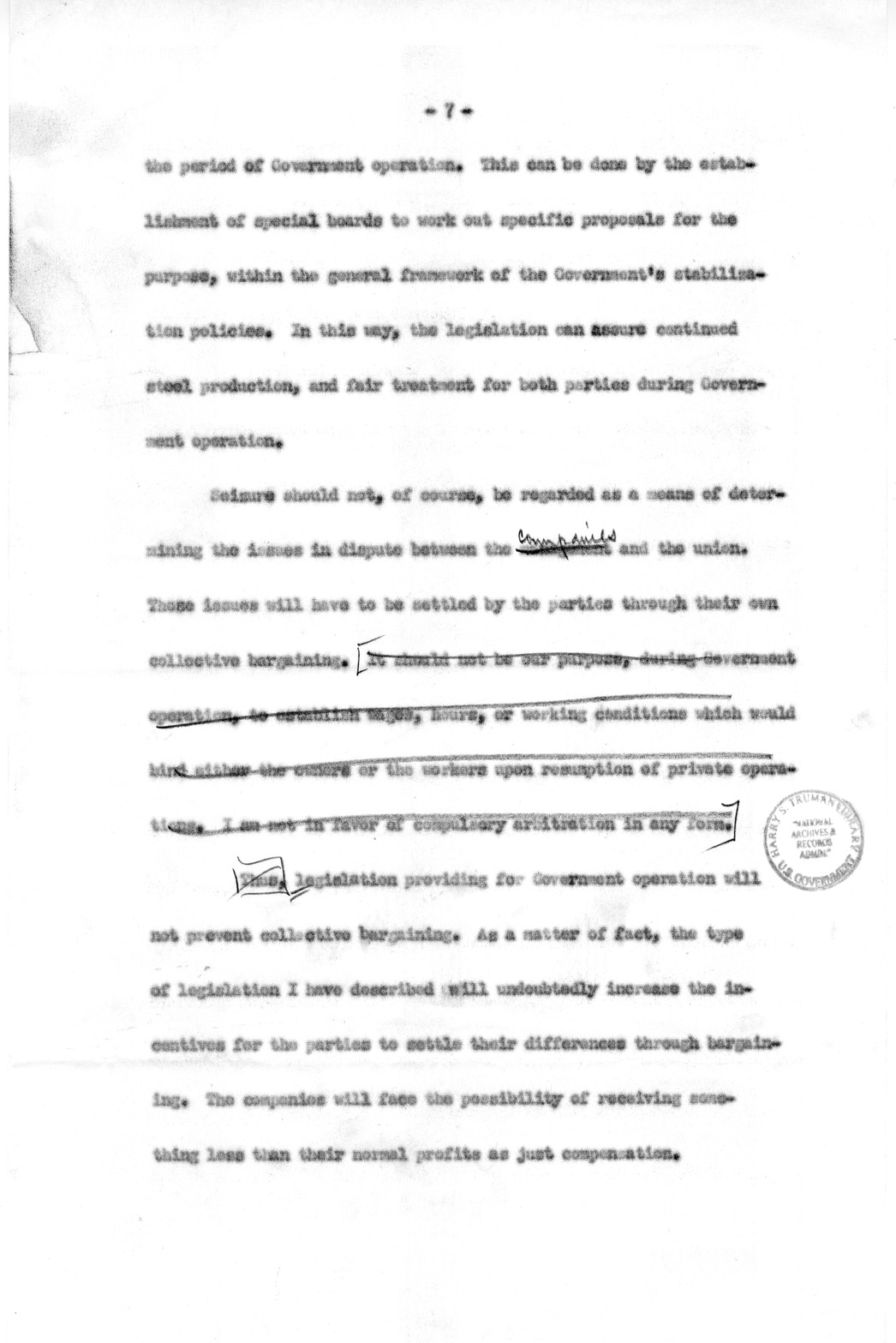 Draft of Special Message to the Congress of the United States on the Steel Strike