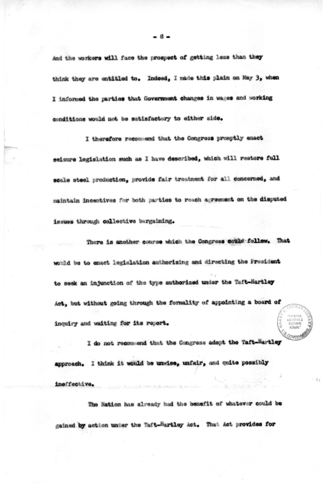 Draft of Special Message to the Congress of the United States on the Steel Strike
