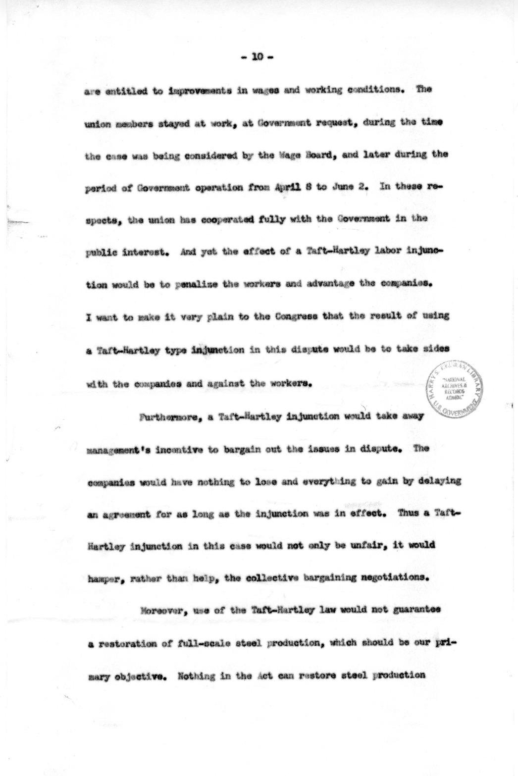 Draft of Special Message to the Congress of the United States on the Steel Strike
