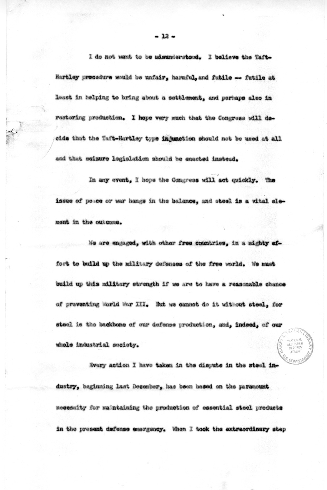 Draft of Special Message to the Congress of the United States on the Steel Strike