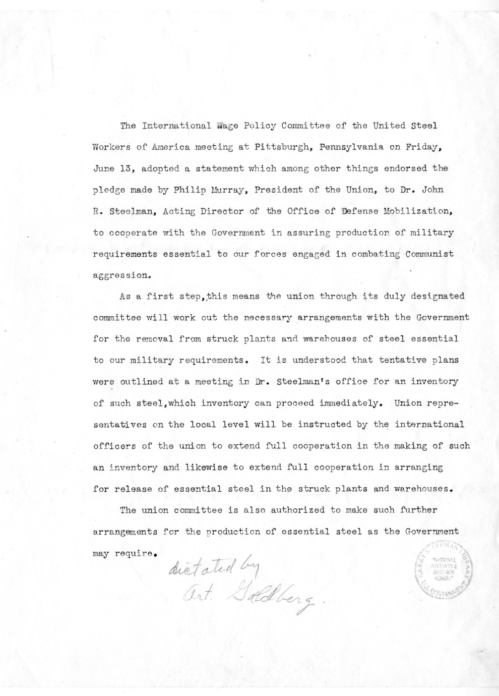 Statement of the International Wage Policy Committee of the United Steel Workers of America