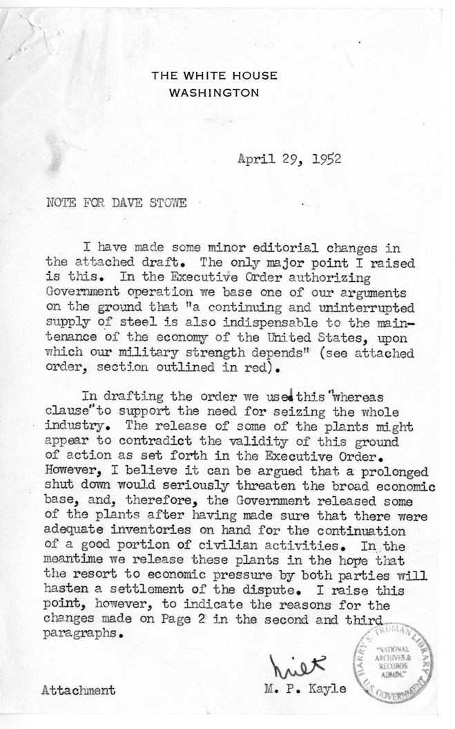 Note from Milton P. Kayle to David Stowe, with Attachment