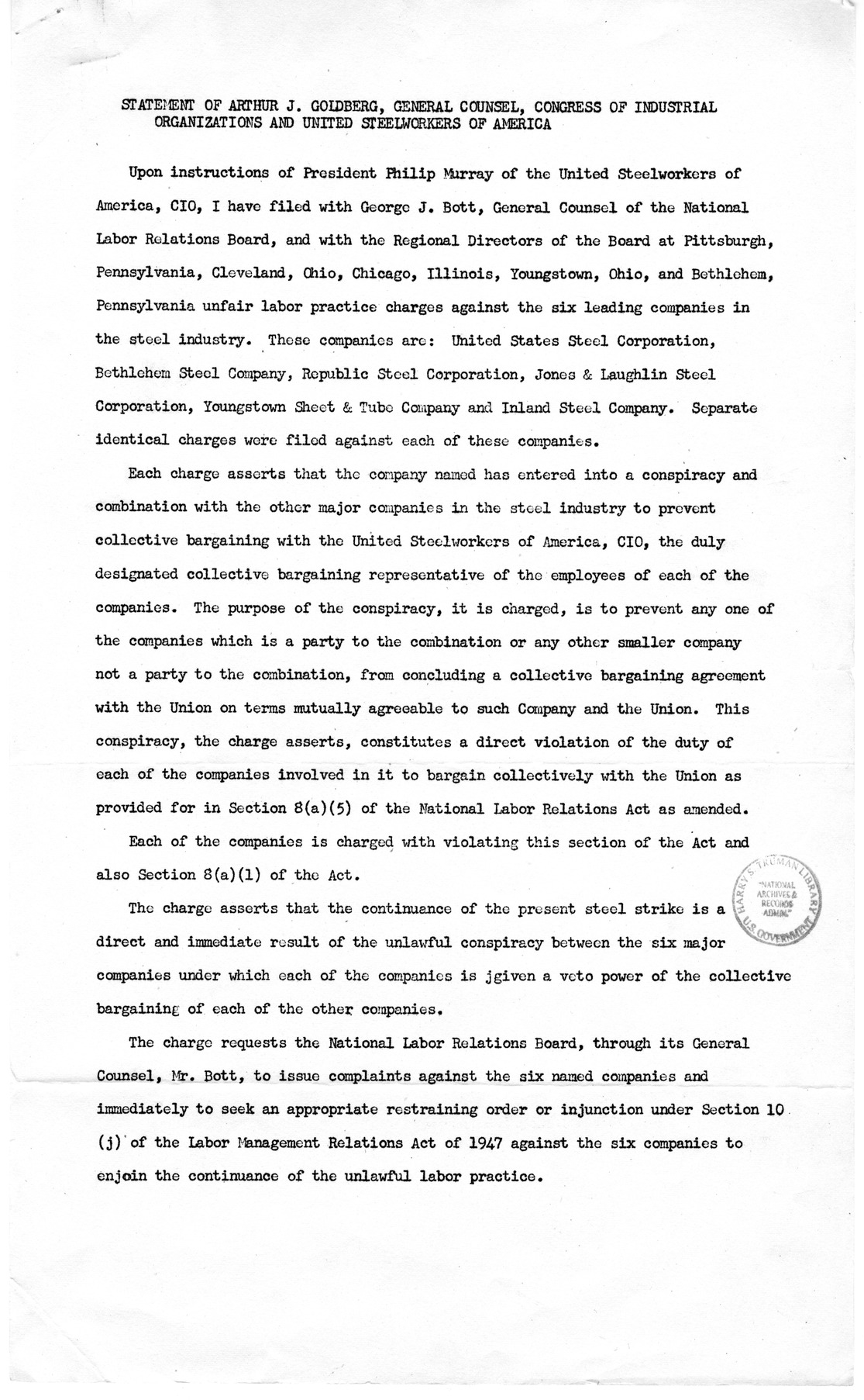 Statement of Arthur J. Goldberg, General Counsel, Congress of Industrial Organizations and United Steelworkers of America