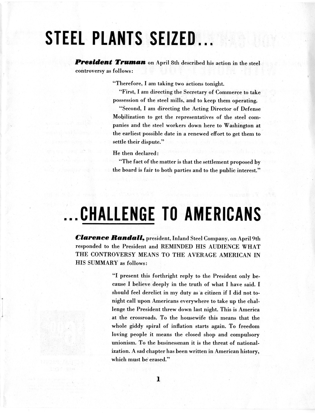 Brochure, "These are the Facts in the Steel Controversy," from Steel Companies in the Wage Case