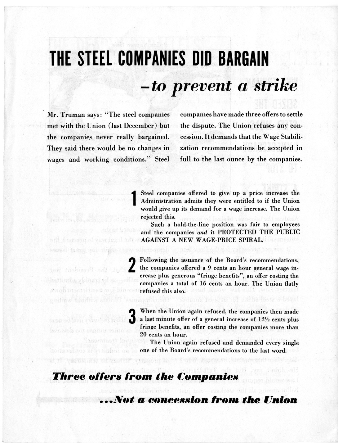 Brochure, "These are the Facts in the Steel Controversy," from Steel Companies in the Wage Case