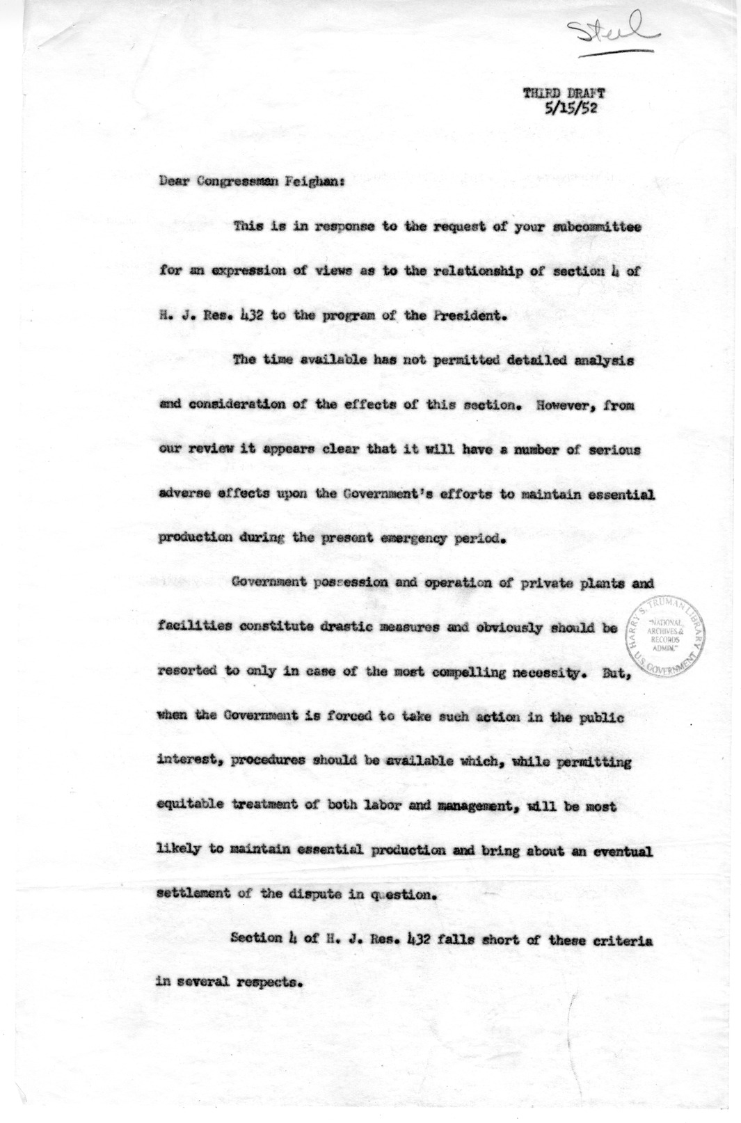 Letter to Congressman Michael Feighan with Related Material