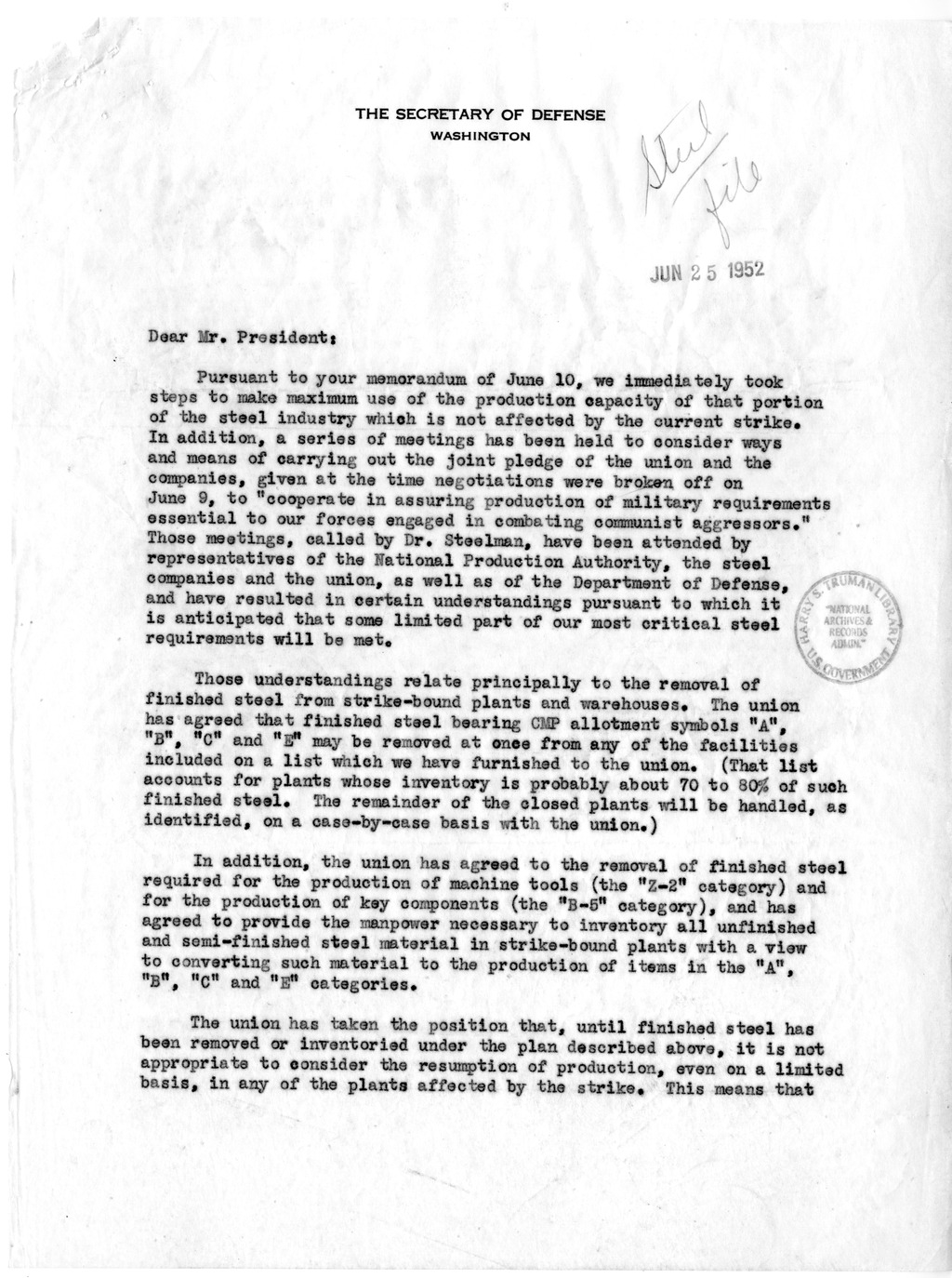 Letter to President Harry S. Truman from Robert A. Lovett with Related Material