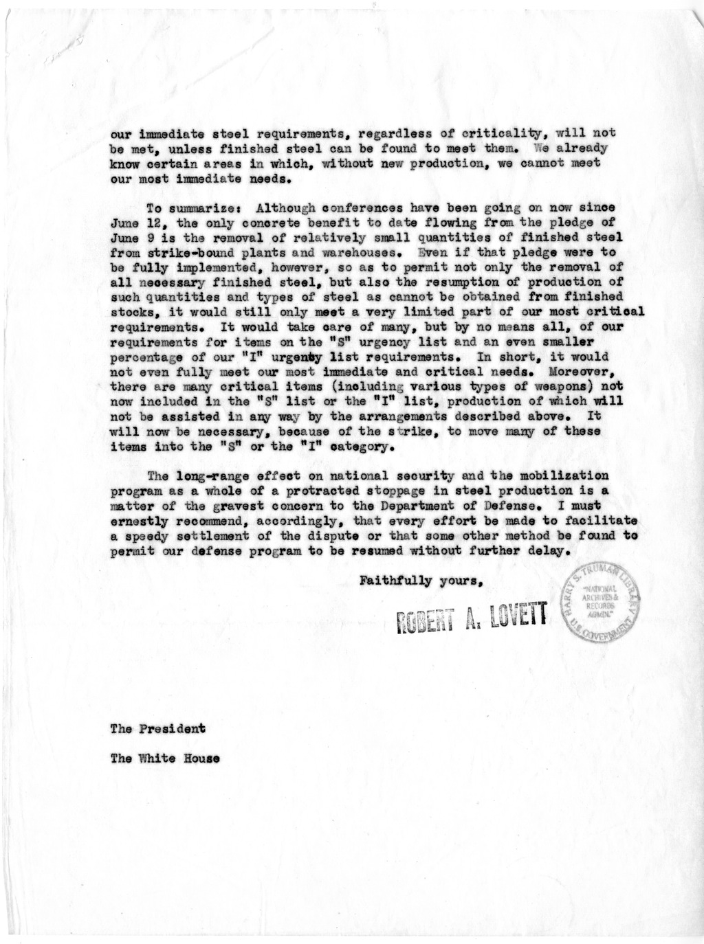 Letter to President Harry S. Truman from Robert A. Lovett with Related Material