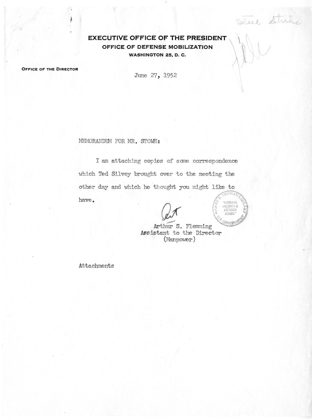 Letter to President Harry S. Truman from Robert A. Lovett with Related Material
