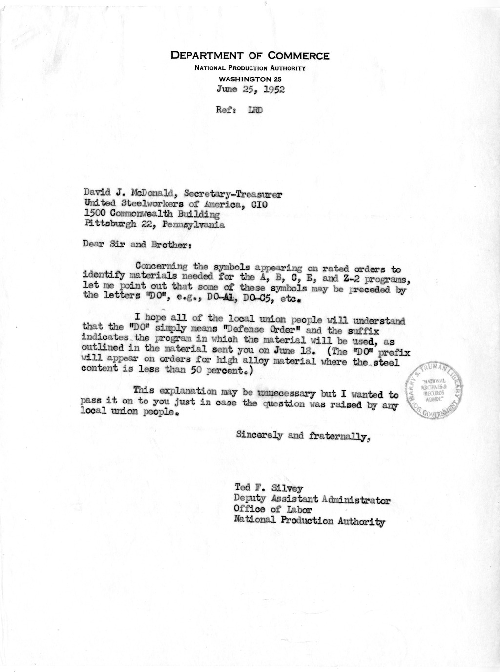 Letter to President Harry S. Truman from Robert A. Lovett with Related Material