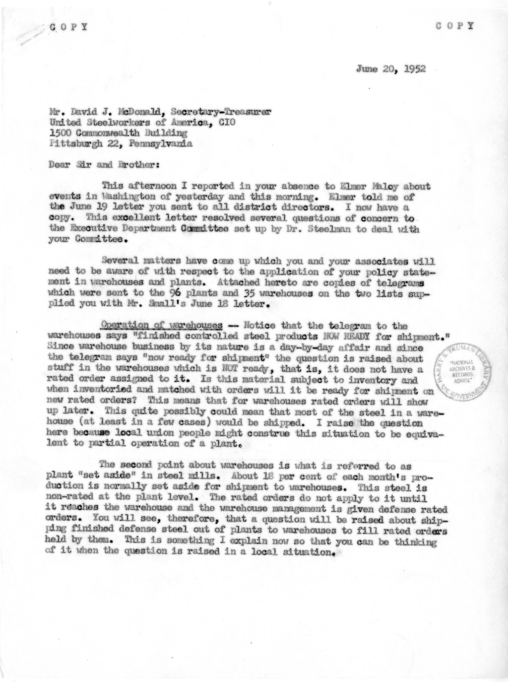 Letter to President Harry S. Truman from Robert A. Lovett with Related Material