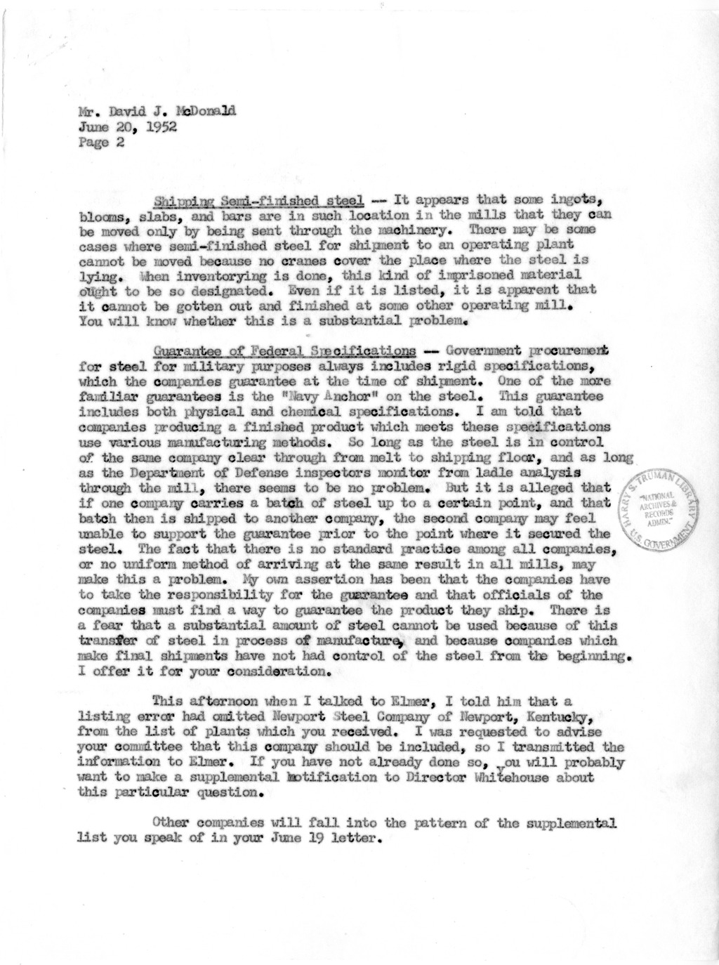 Letter to President Harry S. Truman from Robert A. Lovett with Related Material