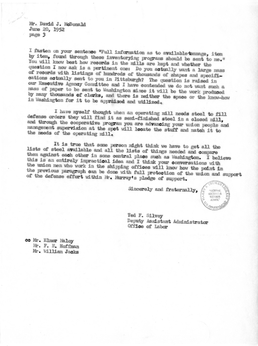 Letter to President Harry S. Truman from Robert A. Lovett with Related Material