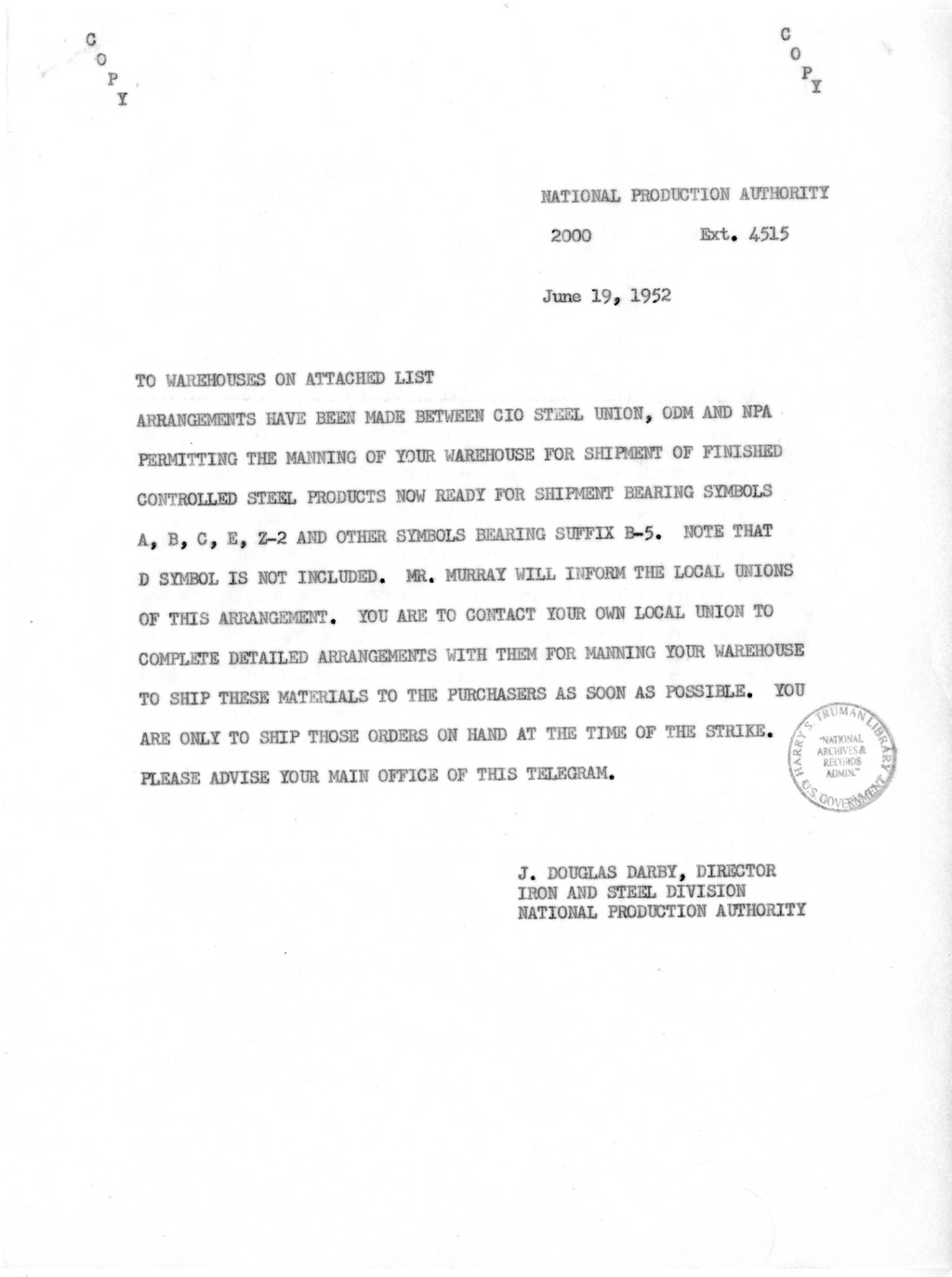 Letter to President Harry S. Truman from Robert A. Lovett with Related Material