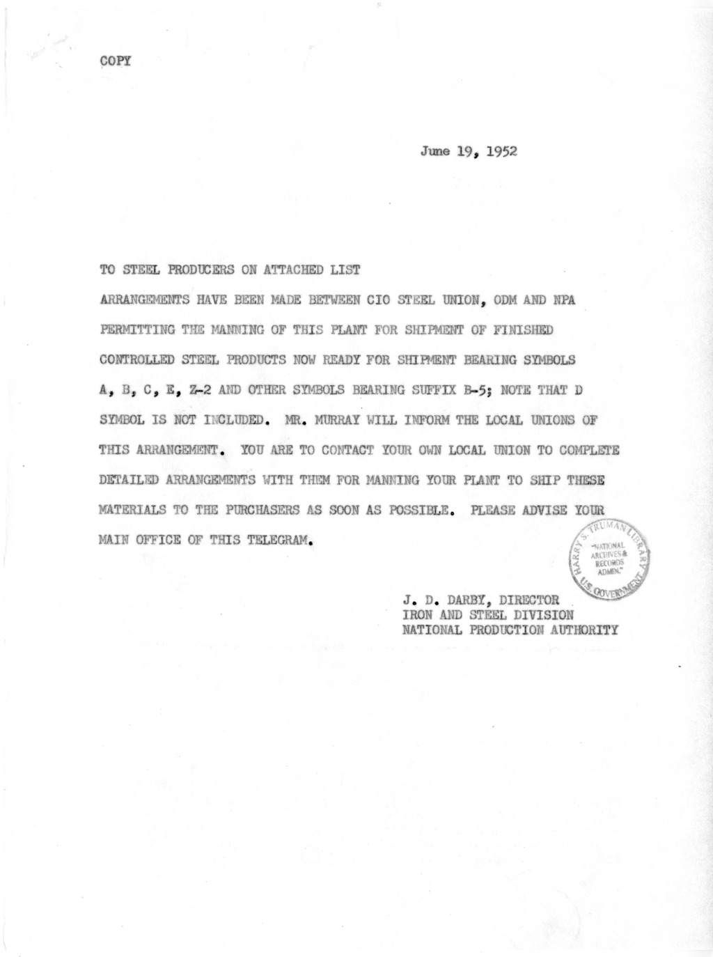 Letter to President Harry S. Truman from Robert A. Lovett with Related Material
