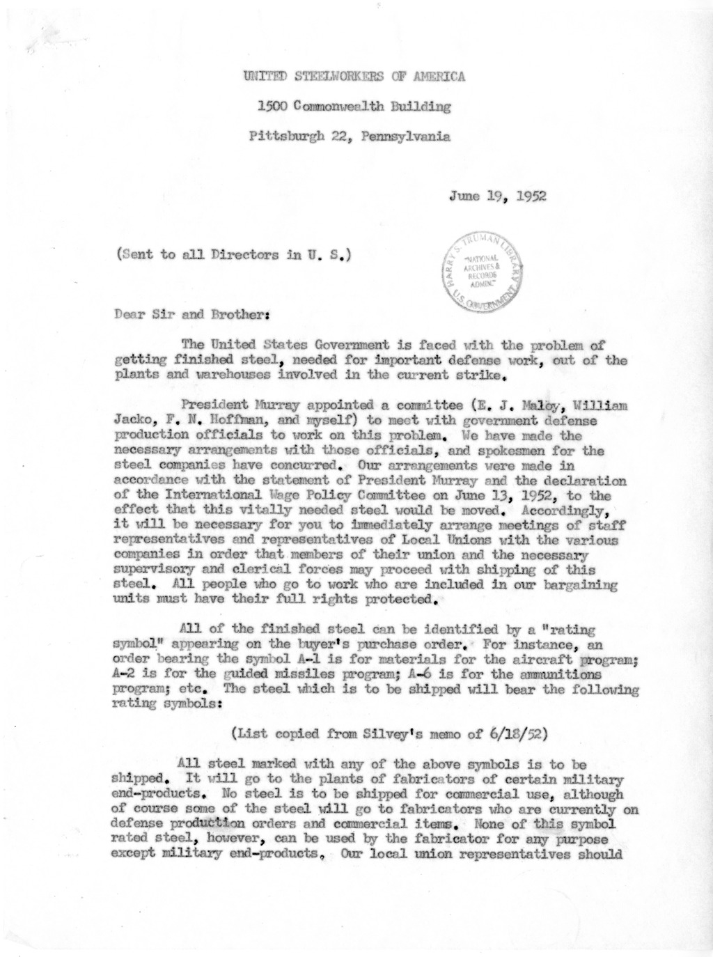 Letter to President Harry S. Truman from Robert A. Lovett with Related Material