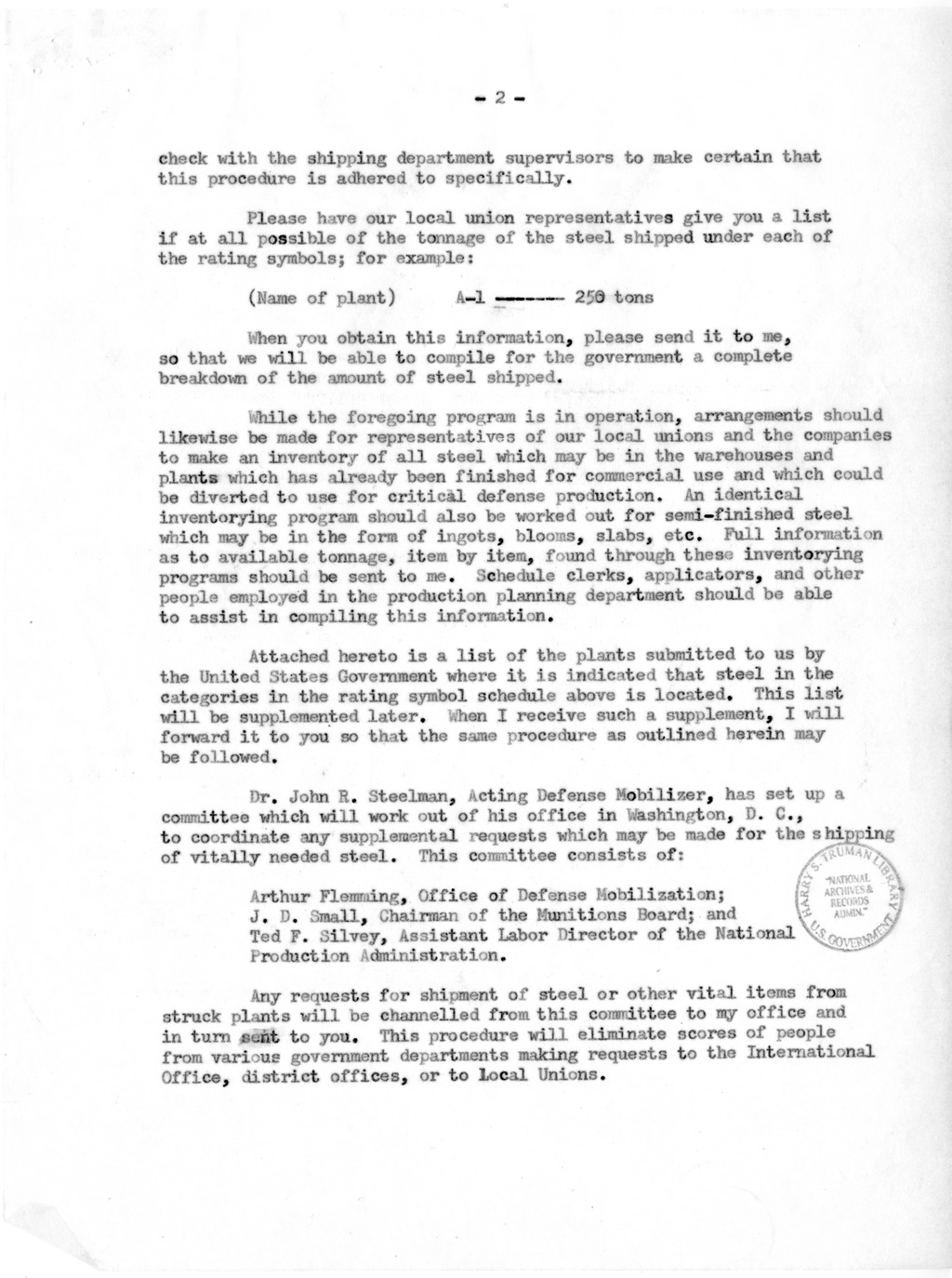 Letter to President Harry S. Truman from Robert A. Lovett with Related Material