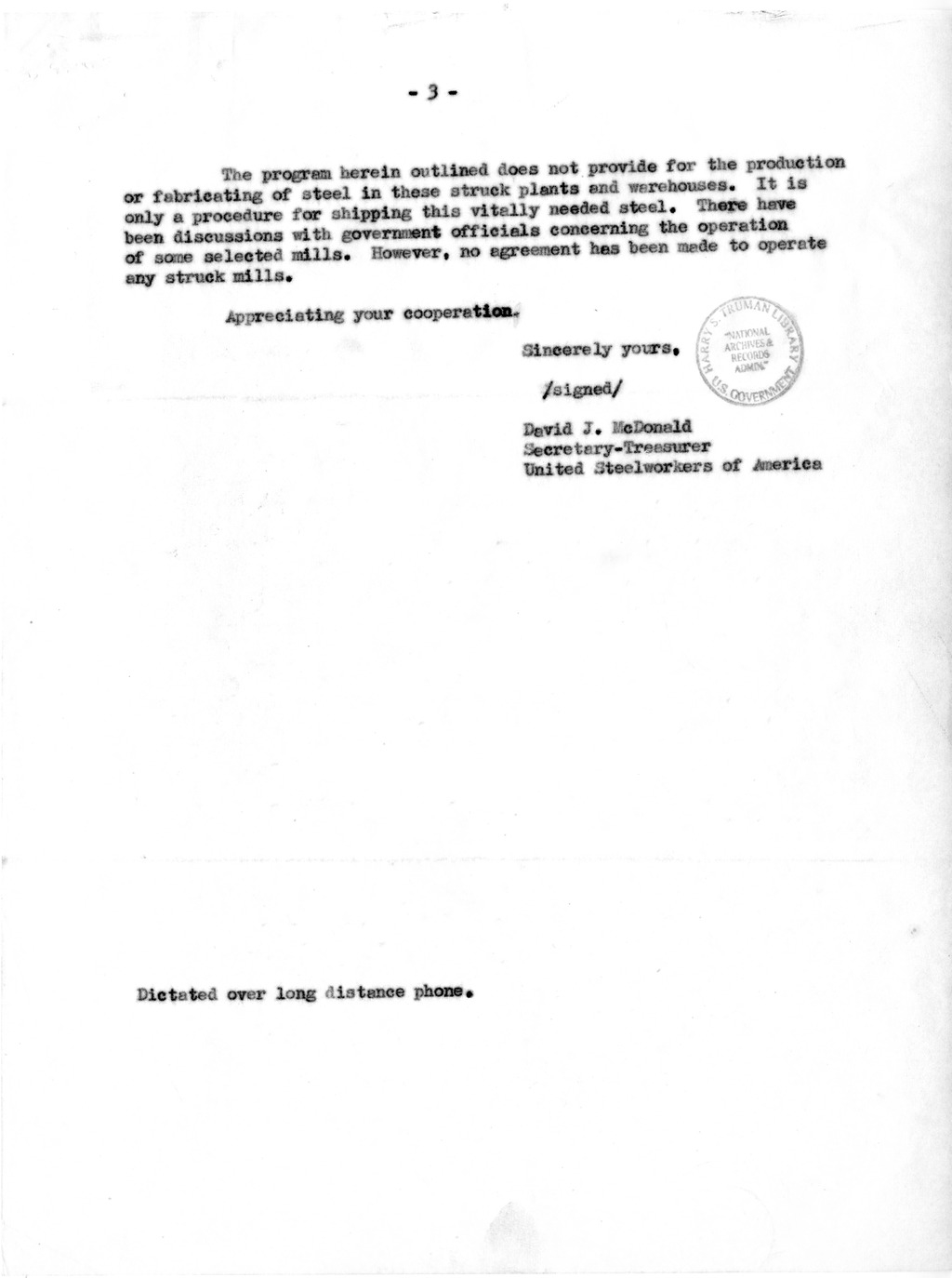 Letter to President Harry S. Truman from Robert A. Lovett with Related Material