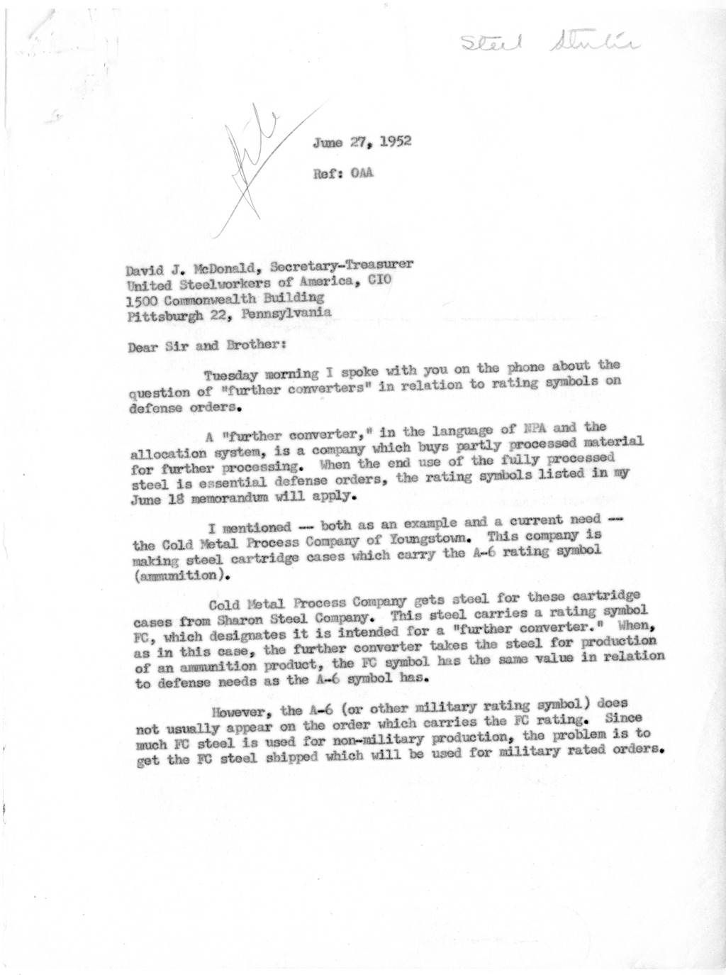 Letter to President Harry S. Truman from Robert A. Lovett with Related Material