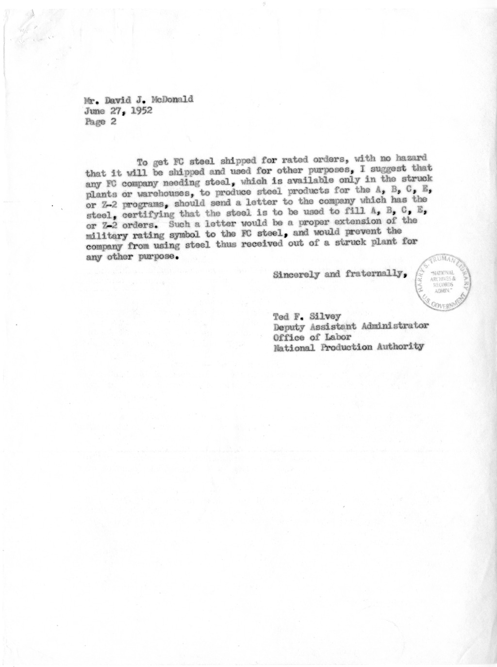 Letter to President Harry S. Truman from Robert A. Lovett with Related Material