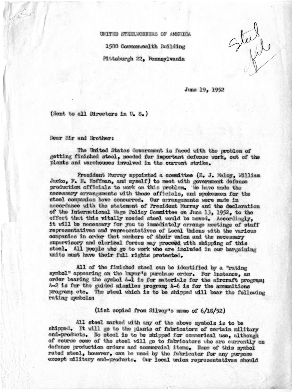 Letter from David J. McDonald to Directors of United Steelworkers of America