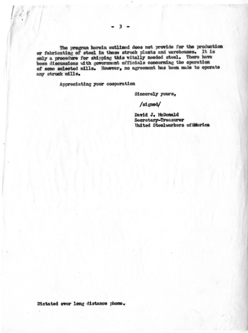 Letter from David J. McDonald to Directors of United Steelworkers of America