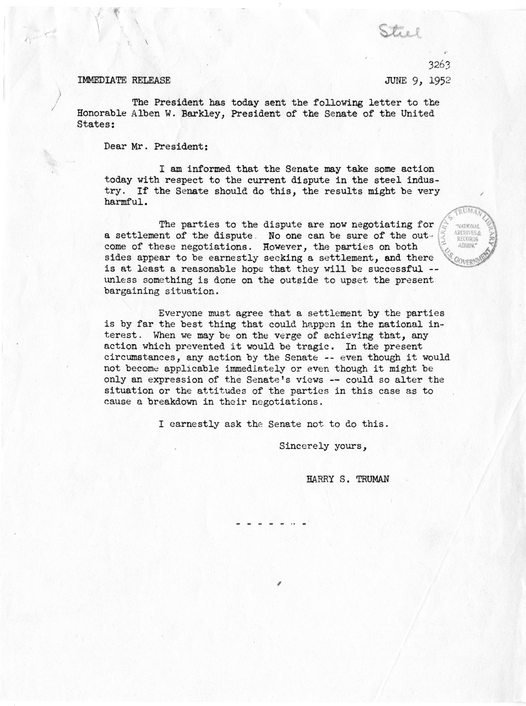 White House Press Releases Regarding the Steel Dispute