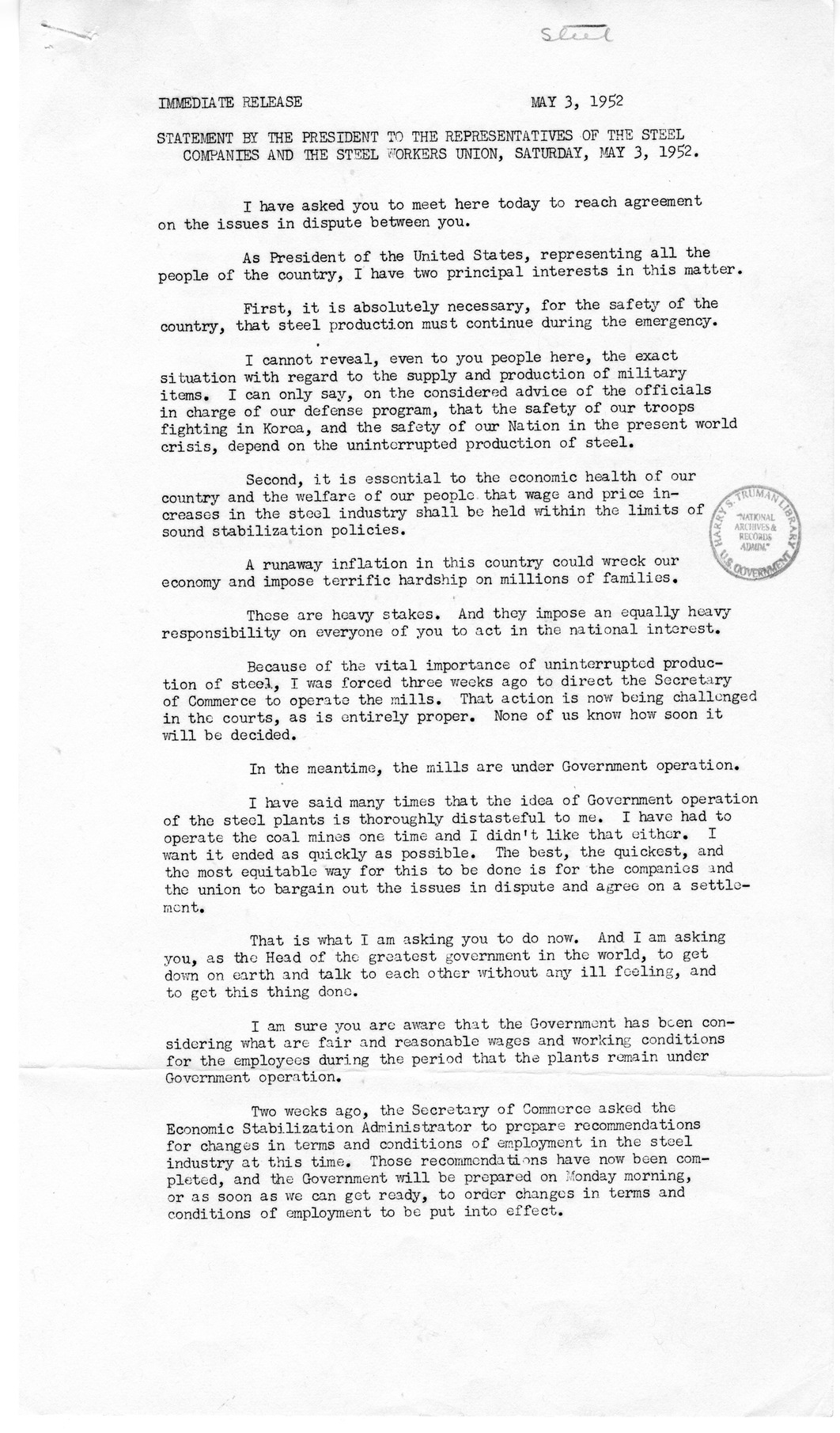 White House Press Releases Regarding the Steel Dispute