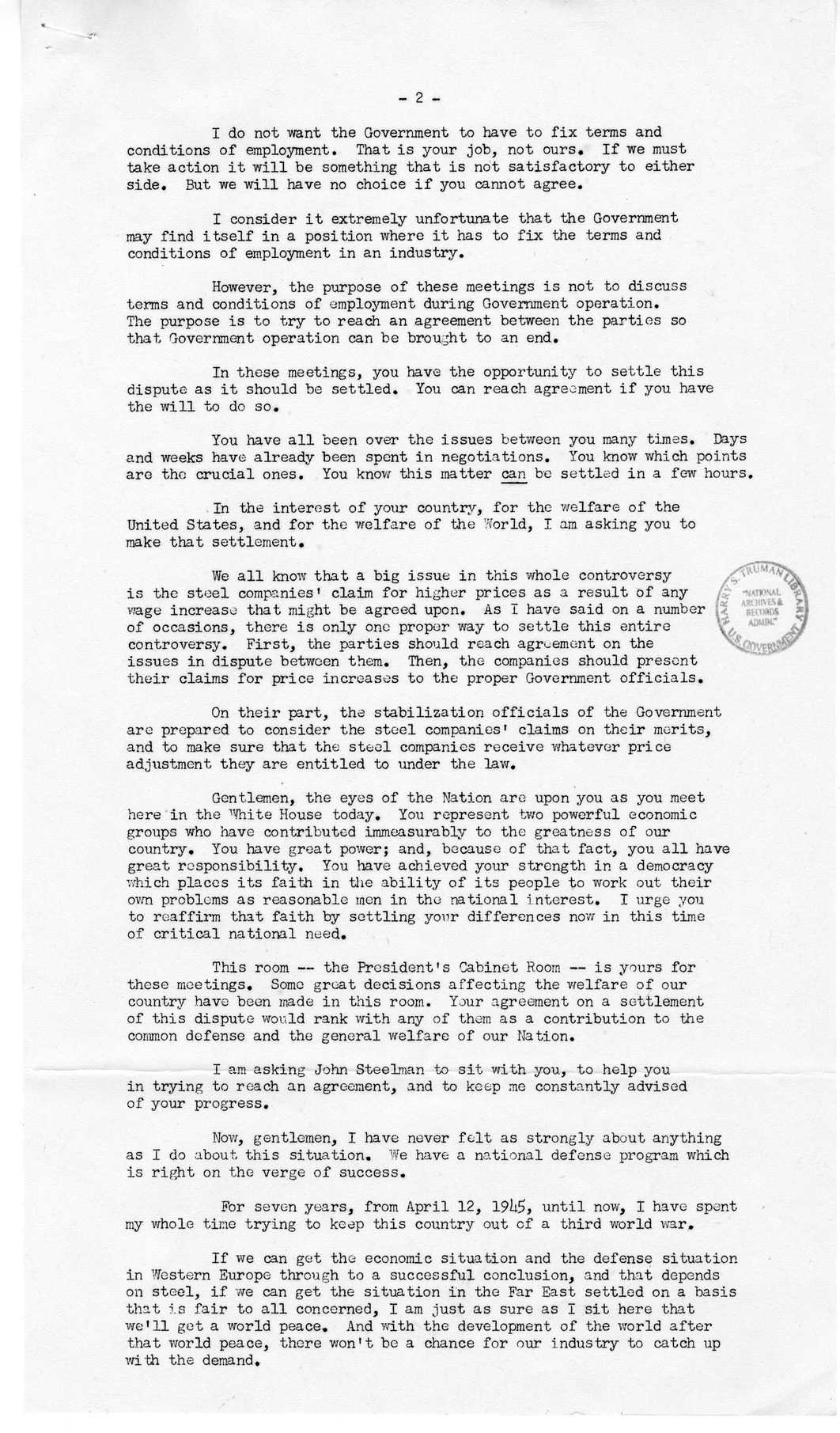 White House Press Releases Regarding the Steel Dispute