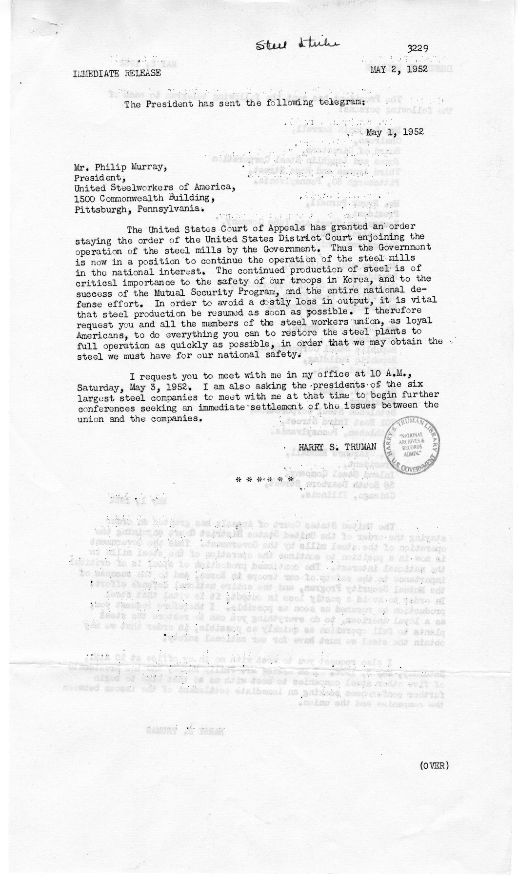 White House Press Releases Regarding the Steel Dispute