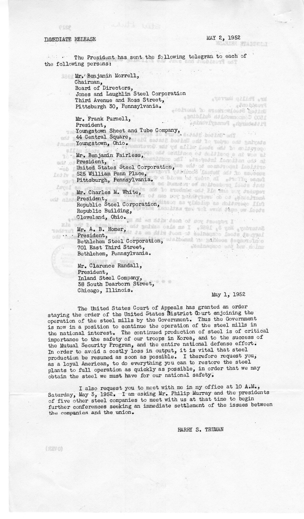 White House Press Releases Regarding the Steel Dispute